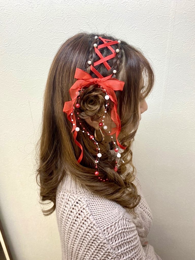 有名ブランド 量産型 ヘアメ用リボン 2本セット 水色×白 カール パール
