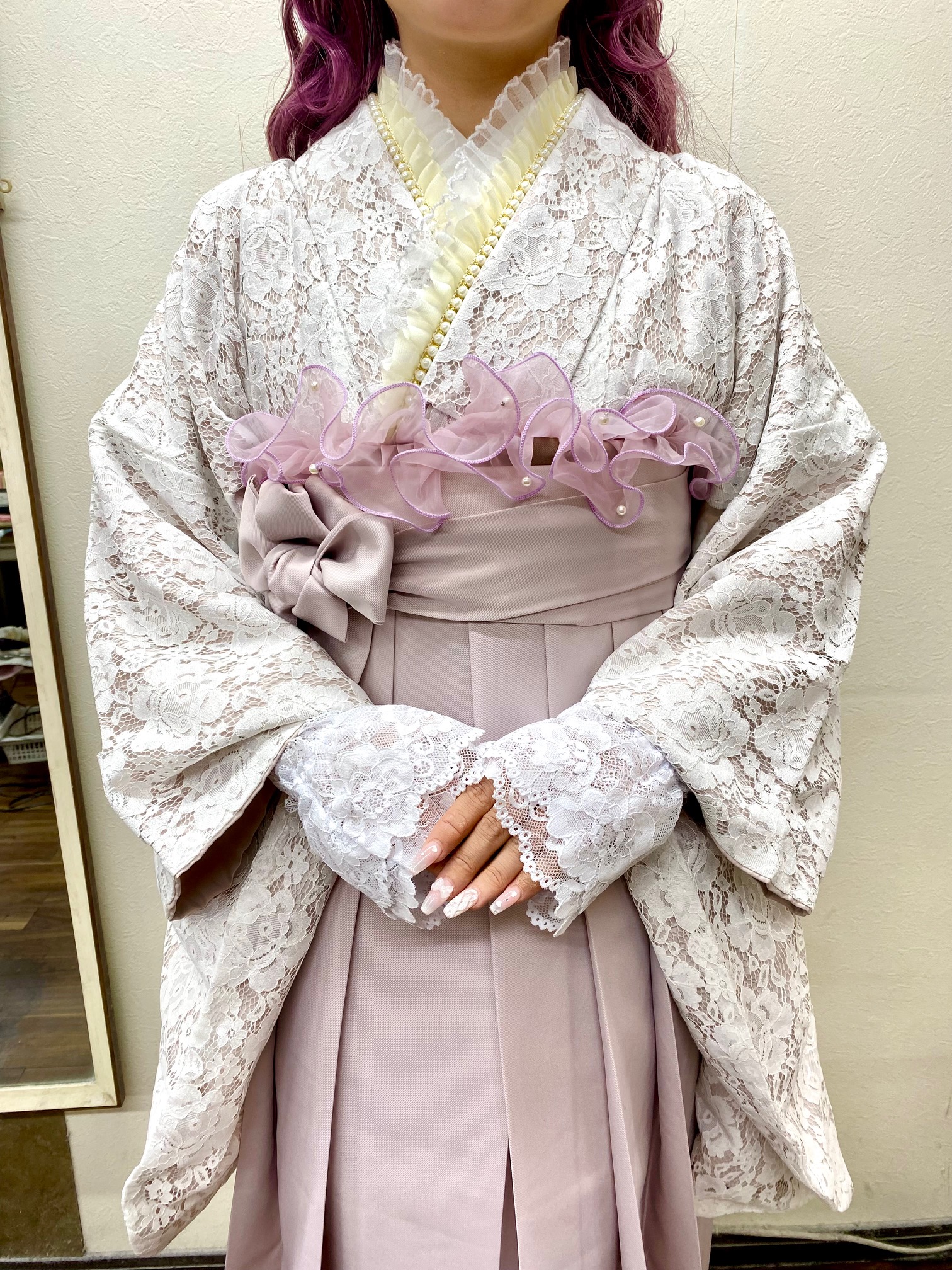 卒業式♪可愛いレース着物で『袴着付け＋ヘアセット』